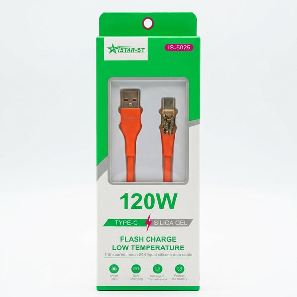 Transparent Fast Charging Data USB Cable in packaging featuring orange design and Type-C connector.