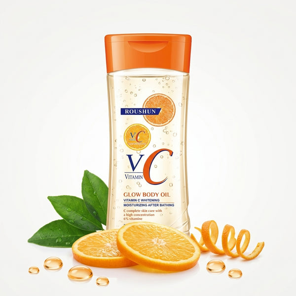 Vitamin C Body Oil Gel Skin Repair by Roushun with orange slices and green leaves, promoting skin glow and hydration.