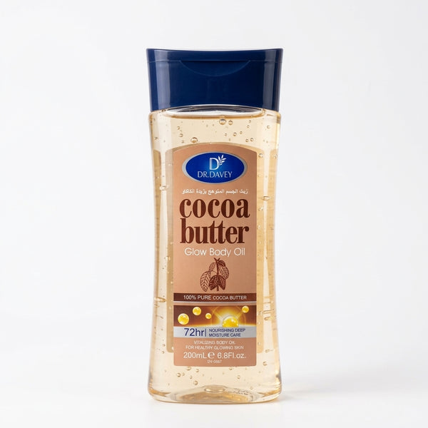 Cocoa Butter Glow Body Oil Gel in a transparent bottle, 100% pure cocoa butter for soft and glowing skin.
