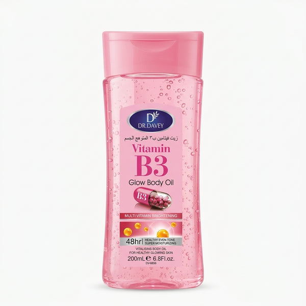 Vitamin B3 Vitamin E Body Oil Gel in a pink bottle for brighter, even-toned skin with deep hydration.