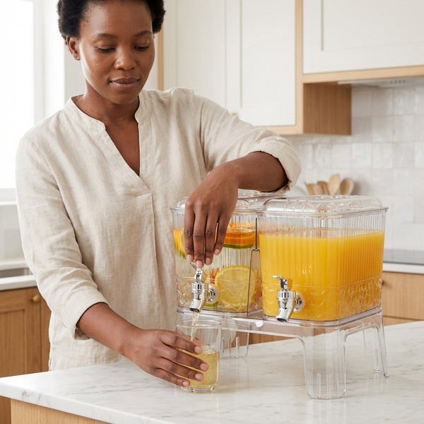 A woman serving juice from an Acrylic Beverage Dispenser 5.5L in a stylish kitchen.