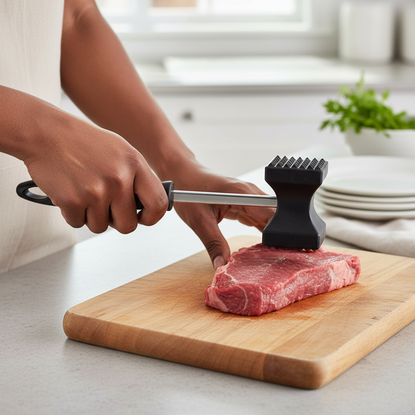 Person using a Meat Hammer kitchen tenderiser on a piece of raw steak on a wooden cutting board.