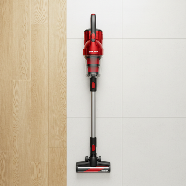 2000W Handheld & Stick Cordless Vacuum Cleaner positioned on a floor, showcasing its sleek design and powerful features.