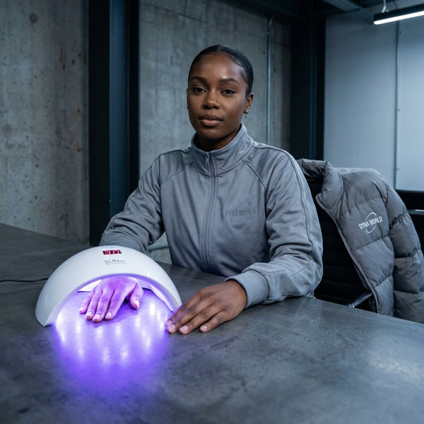 A woman using a 24 W Professional LED UV Nail Dryer for gel nails in a modern salon setting.