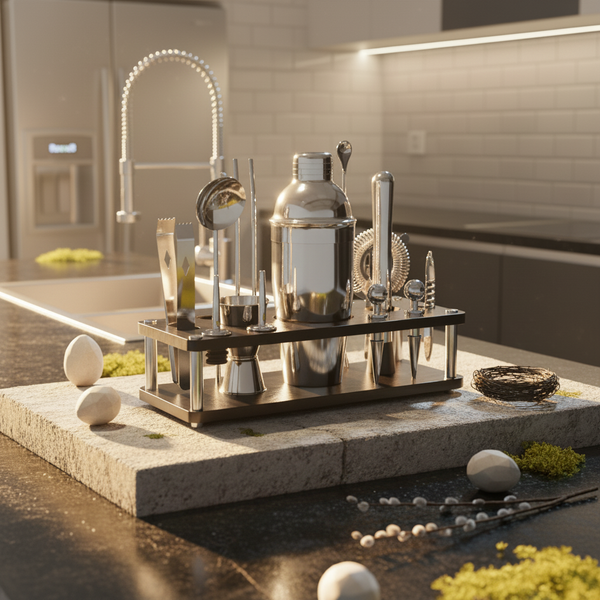 18 Piece Cocktail Shaker & Bar Tool Set with Wooden Stand displayed on a countertop with eggs and greenery.