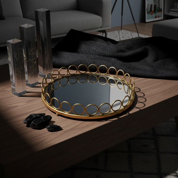 American Round Loop Mirror Tray in Gold - Medium displayed on a wooden table with decorative elements.