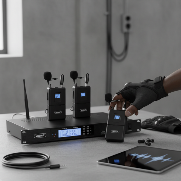 Andowl Qmic78 Set Wireless Microphone with wireless transmitters and receiver on a sleek table.