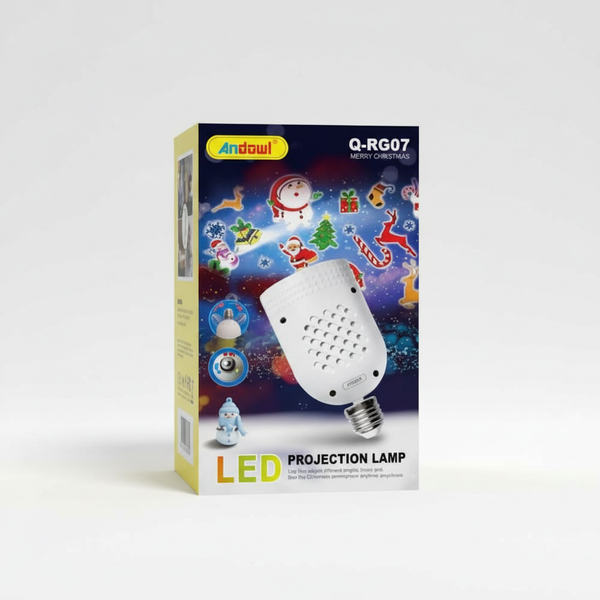 LED Christmas Projector Light packaging featuring festive designs and easy installation details.