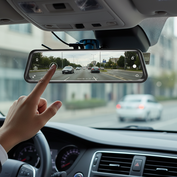 Hand adjusting the settings on a 1080P Dual Lens Super Night Vision Dashcam displaying clear road footage.