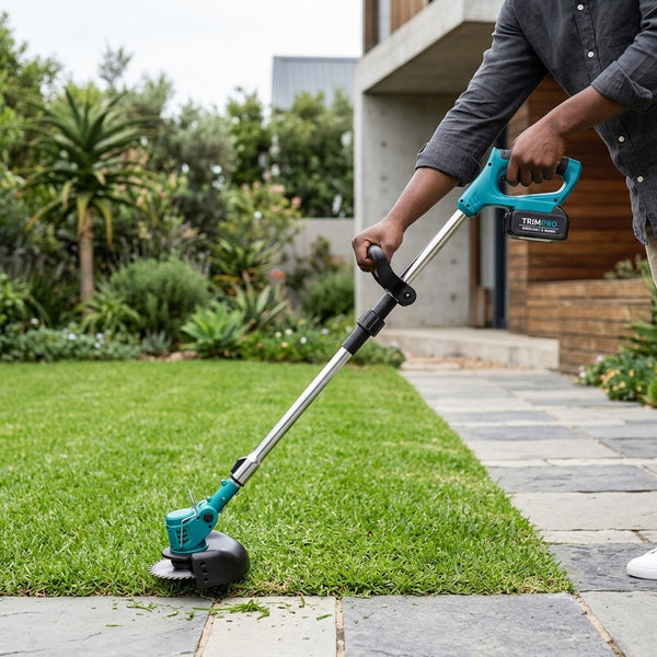 Person using a 21V Folding Handheld Cordless Lawn Mower to trim grass in a garden landscape.