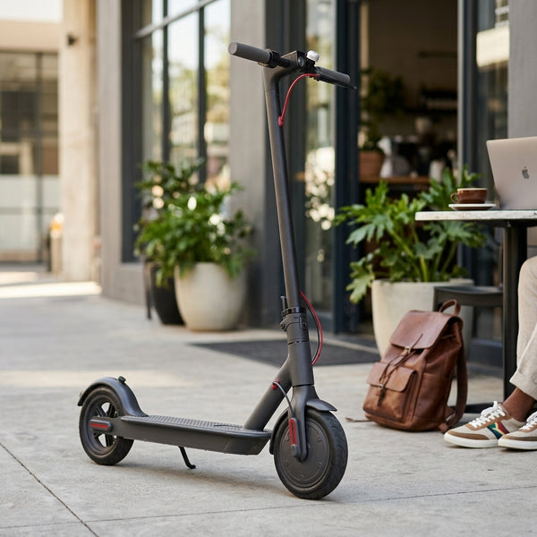 2025 M365 Foldable Electric Scooter parked outside a cafe with plants and a backpack in the background.