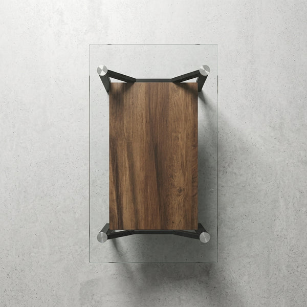 Modern Adjustable 1-Tier or 2-Tier Glass and Wood Coffee Table with a wooden top and glass surface.