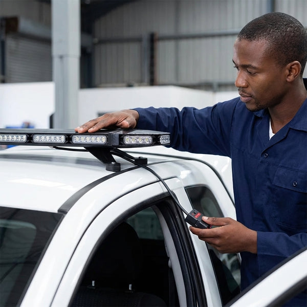 Technician installing the LED-780D-7 High Power Emergency Led Light Bar on a vehicle roof for enhanced visibility.