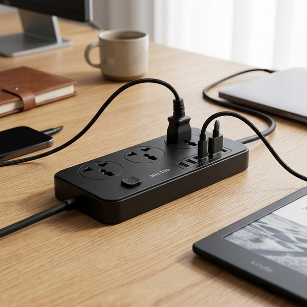 3 in 1 BLD 6USB Port Anti-Static Power Socket on a desk with multiple devices connected.