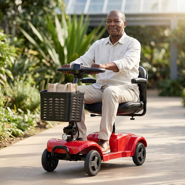 New Model Four Wheel Elderly Mobility Scooter in a garden with a senior man driving it.