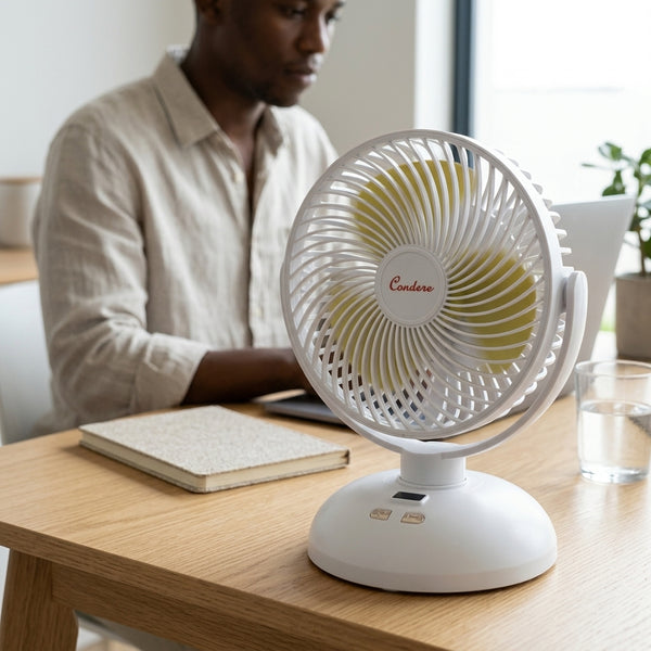 8 Inch DC Circulation Fan providing refreshing airflow on a desk for a comfortable workspace.