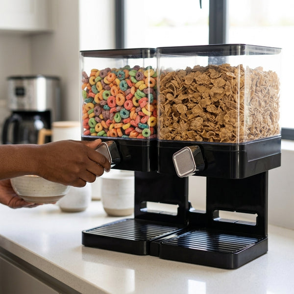 Compact Dry Food Dispenser Dual Control with colorful cereal and grains for easy access in the kitchen.