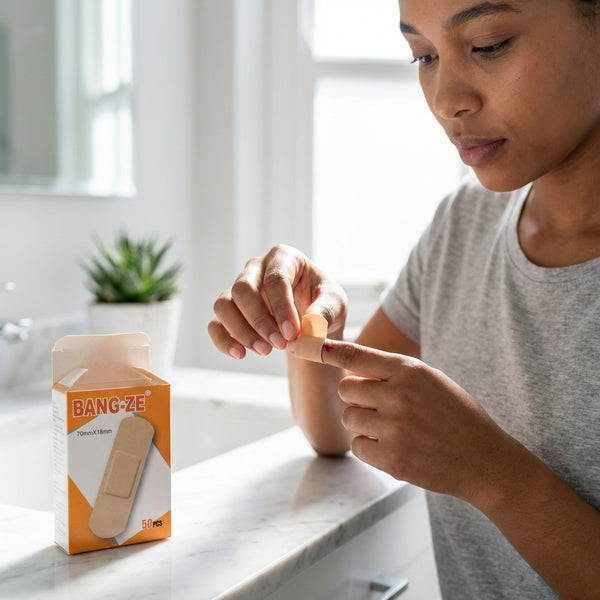 A person applying a Breathable Waterproof Adhesive Bandage while standing by a bathroom sink.