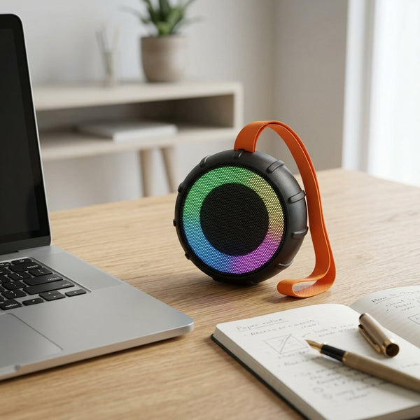 Waterproof IPX5 Portable Speaker displayed on a desk beside a laptop and notebook, showcasing vibrant light features.