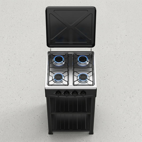 4 Burners Portable Butane Gas Stove with open lid and blue flame burners on a modern kitchen countertop.