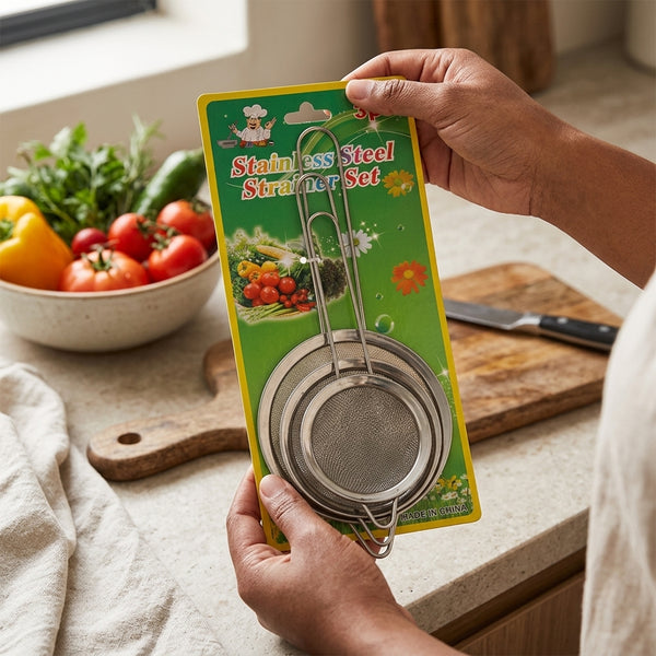 Person holding a package of Stainless Steel Mesh Strainer Filter Spoon with fresh vegetables in background.