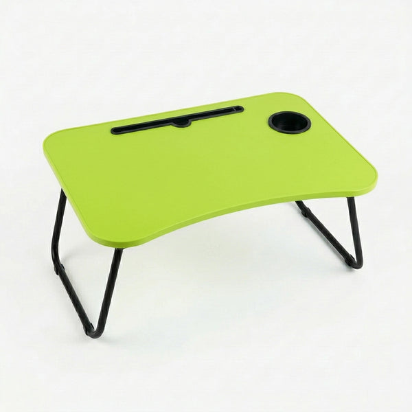 Dormitory Bed Folding Small Table in bright green color with cup holder and lightweight design for small spaces.