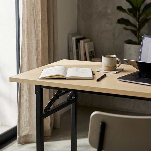 Single Computer Training Desk with a laptop, notebook, and coffee cup in a modern workspace.