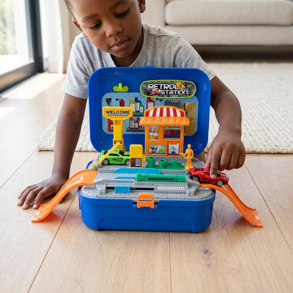 Child playing with Gas Station Simulation Backpack Role Playing Toy, featuring a foldable gas station and cars.