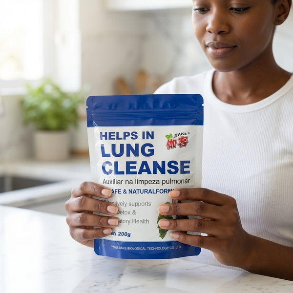 Woman holding Lung Cleanse Respiratory Support Granules packet, promoting respiratory wellness and detox.