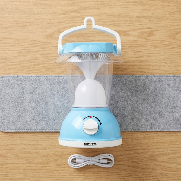 Portable Rechargeable Camping Lantern in blue with a handle, perfect for outdoor adventures and power outages.