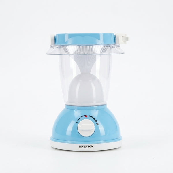 Portable Rechargeable Camping Lantern in blue design with adjustable brightness for outdoor use.