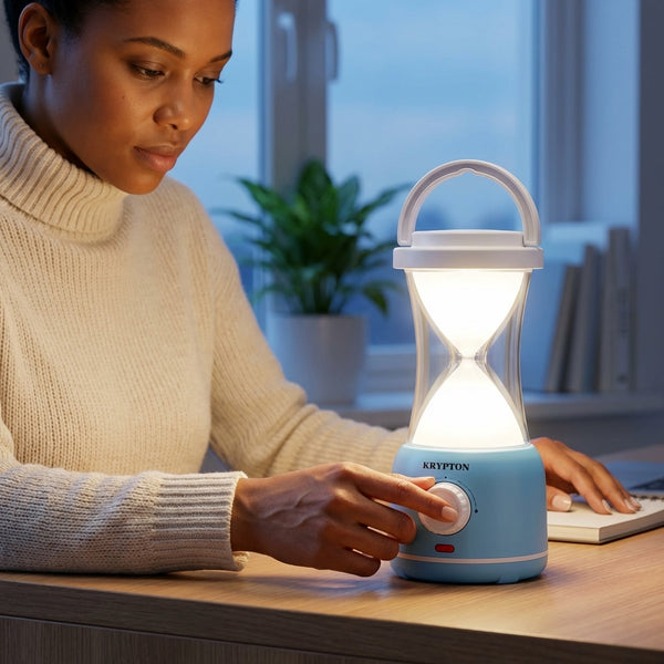 Person using a Portable Rechargeable Camping Lantern on a table, showcasing its bright light and modern design.
