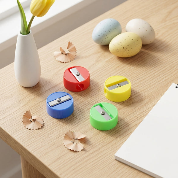 Single-Hole Bulk Plastic Standard Pencil Sharpener in red, blue, green, yellow on a desk with shavings and decorative eggs.
