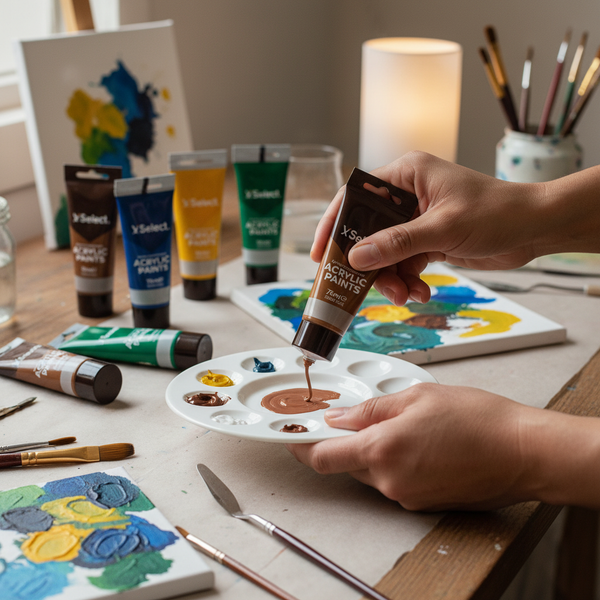 Person pouring Acrylic Paint 75ml Burnt Umber onto a palette surrounded by various other acrylic paint tubes.