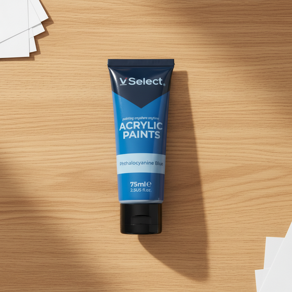 Acrylic Paint 75ml - Phthalocyanine Blue in a tube on a wooden surface, ideal for creative projects.