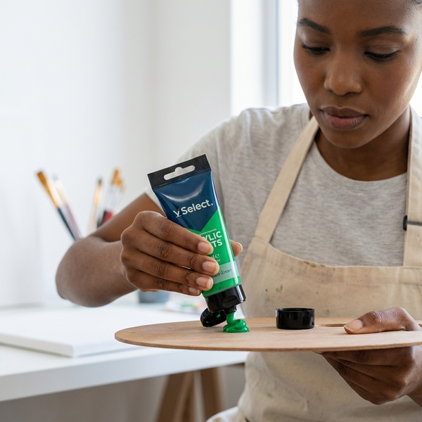 Acrylic Paint 75ml - Emerald Green being poured onto a wooden palette by an artist.