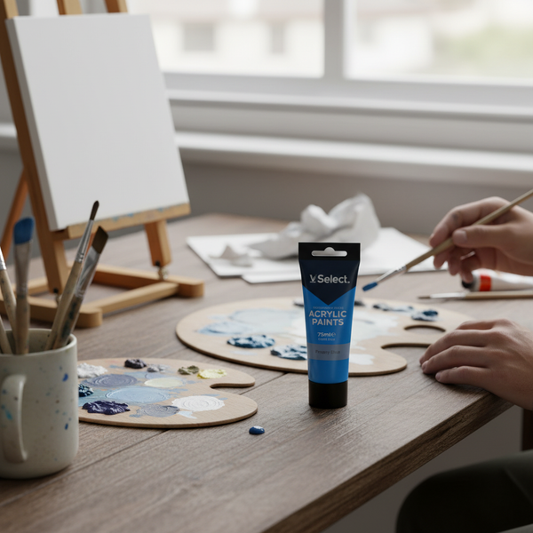 Acrylic Paint 75ml Cerulean Blue tube on a wooden table with palettes and brushes for painting.