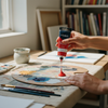 Acrylic Paint 75ml - Scarlet being poured onto a palette with paintbrushes and artwork in the background.
