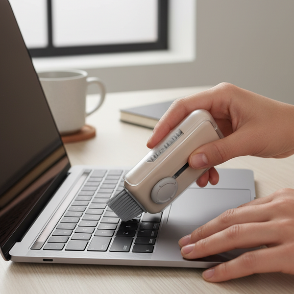 5 in 1 Electronic Cleaning Kit being used to clean a laptop keyboard.