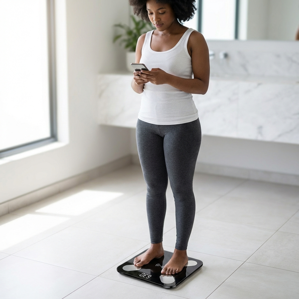 Woman using Bluetooth Body Composition Scale while checking her smartphone in a bright bathroom.
