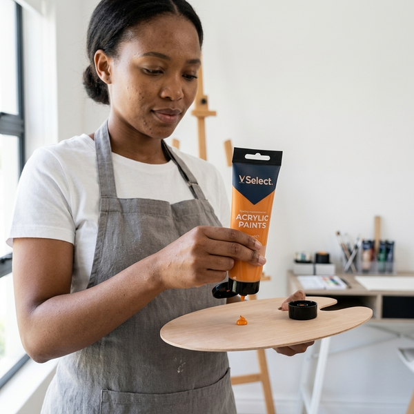 A woman using Acrylic Paint 75ml Raw Sienna on a palette, showcasing its smooth texture and vibrant color.