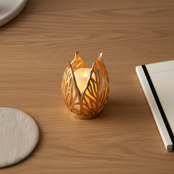 Gold Leaf Tealight Candle Holder illuminating a table, adding elegance and a cozy atmosphere.