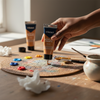 Hand pouring Acrylic Paint 75ml Raw Sienna from a tube onto a palette with colorful paint blobs.