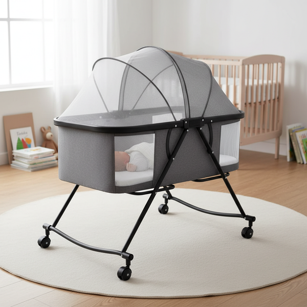 Foldable Aluminum Alloy Baby Crib with Removable Mattress in a modern nursery setting with a sleeping baby.