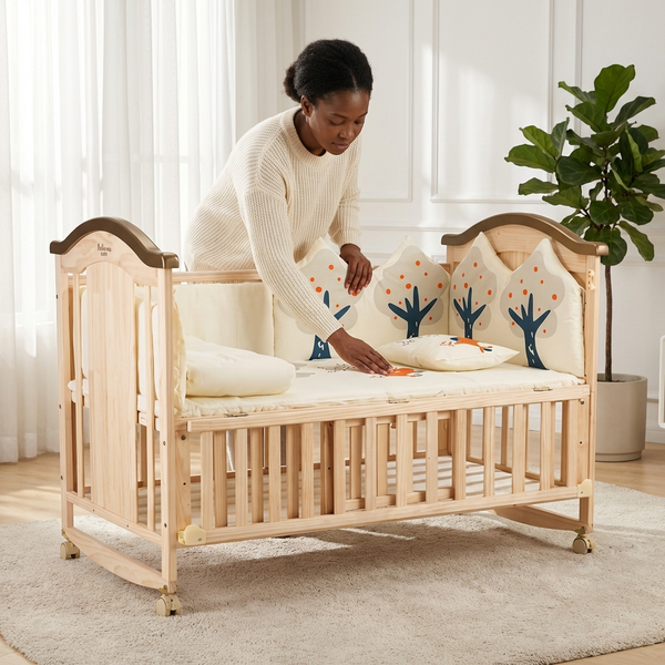 Wooden Baby Crib for Infants with Adjustable Mattress, a woman arranging bedding in a cozy nursery.