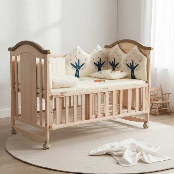 Wooden Baby Crib for Infants with Adjustable Mattress featuring soft bedding and decorative cushions.