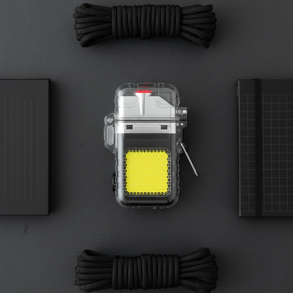 Mini Keychain LED Flashlight & Lighter surrounded by black ropes and notebooks on a gray background.