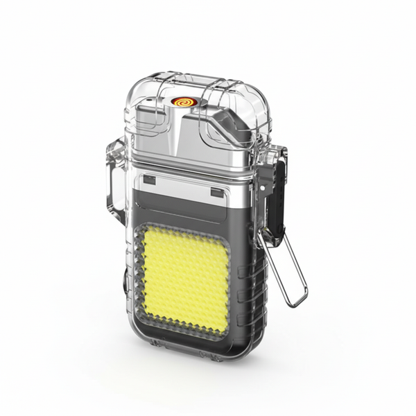 Mini Keychain LED Flashlight & Lighter in a compact, waterproof design with a yellow light panel.