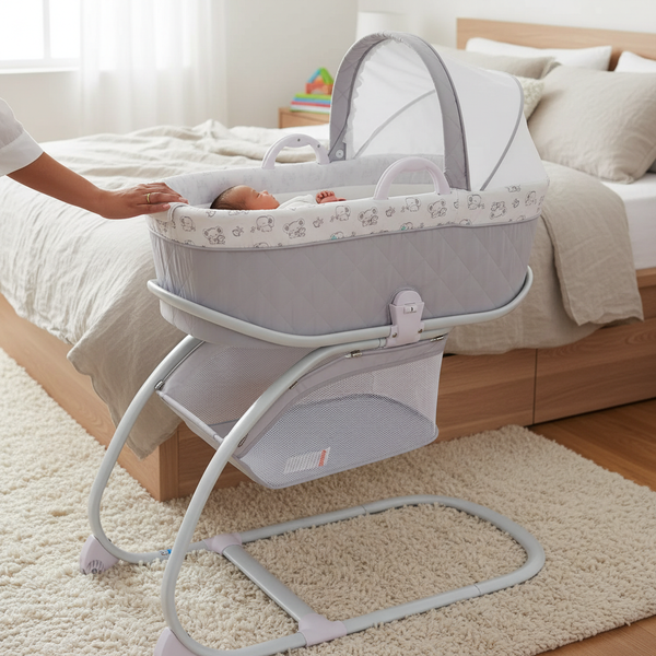 Deluxe 2 in 1 Bassinet & Moses Basket with baby inside, designed for comfort and safety in modern bedrooms.