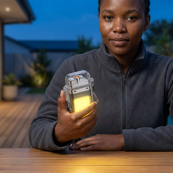 Mini Keychain LED Flashlight & Lighter held by a person in a cozy outdoor setting, demonstrating its compact design.